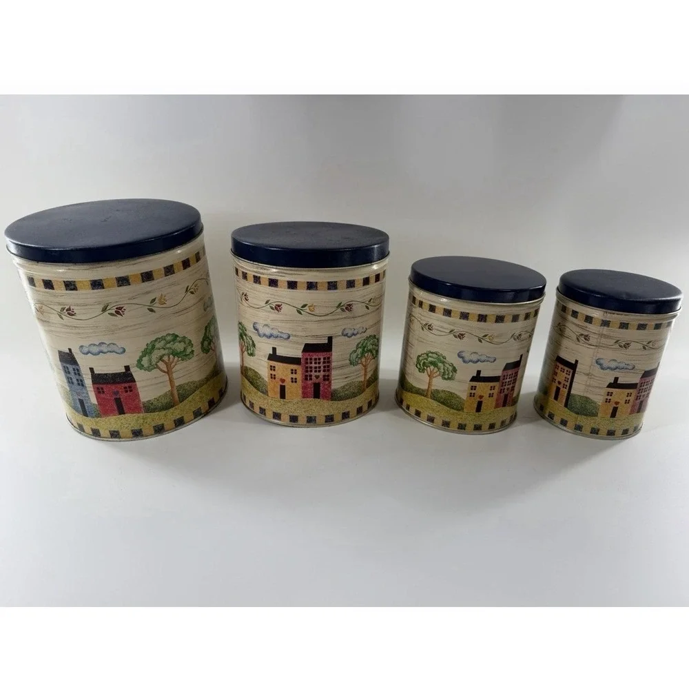 Vintage 90's Cottagecore Nesting Tin Canisters Floral Pattern Country House Blue